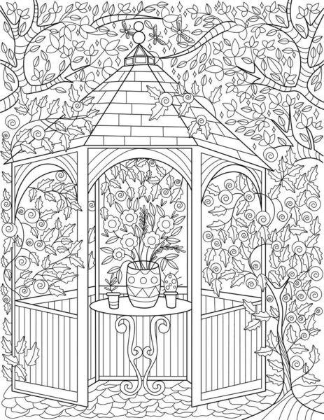 Gazebo de jardin avec pot de plante placé sur la table ronde grand arbre fond dessin ligne incolore. Pavillon arrière-cour Caniche avec des plantes Fleurs Arbres Coloriage Livre Page. — Image vectorielle