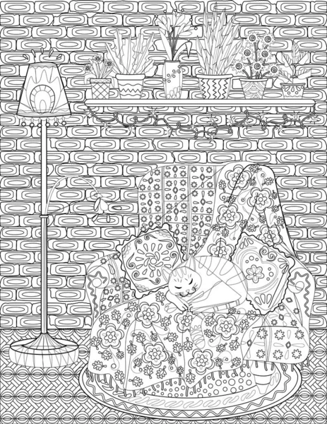 Cat Sleeping On A Couch With Pillow Beside A Lamp Colorless Line Drawing (dalam bahasa Inggris). Domesticated Feline Sleeps On Chair With Plant Pots Above Coloring Book Page. - Stok Vektor