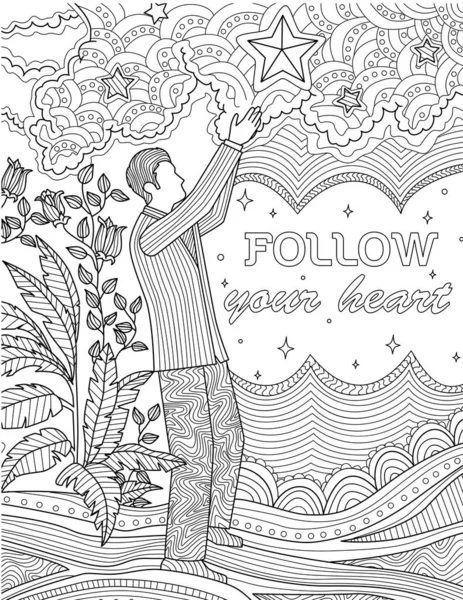 Homme en costume debout levant la main atteignant des étoiles à côté de plantes ligne dessin. Gentleman en costume avec message d'inspiration disant Suivez vos rêves Coloriage Livre Page. — Image vectorielle