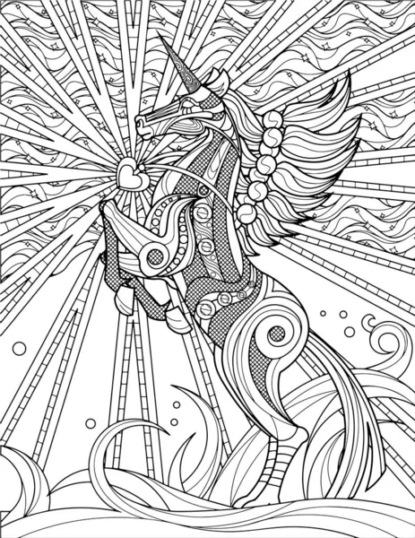 Dibujo de línea incoloro unicornio en movimiento con símbolo brillante del corazón. Caballo con cuernos míticos Prances con signo de amor para colorear libro página Idea. — Archivo Imágenes Vectoriales