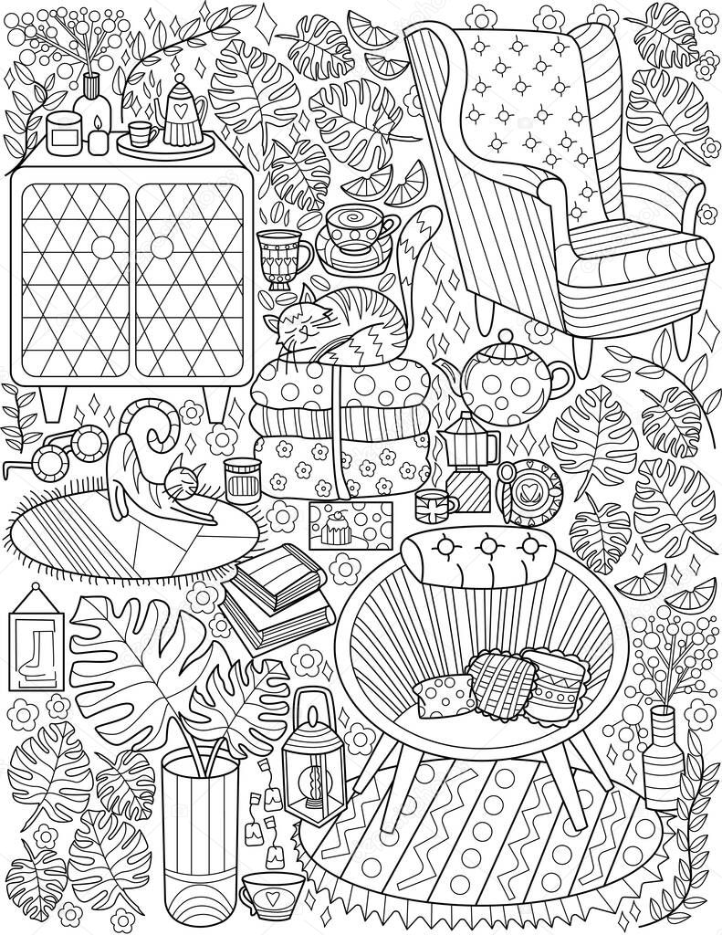 Furniture Doodle Set Couch Lamps Cat Table Candles Cups Colorless Line Drawing. House Interior Doodling With Plants Coloring Book Page.