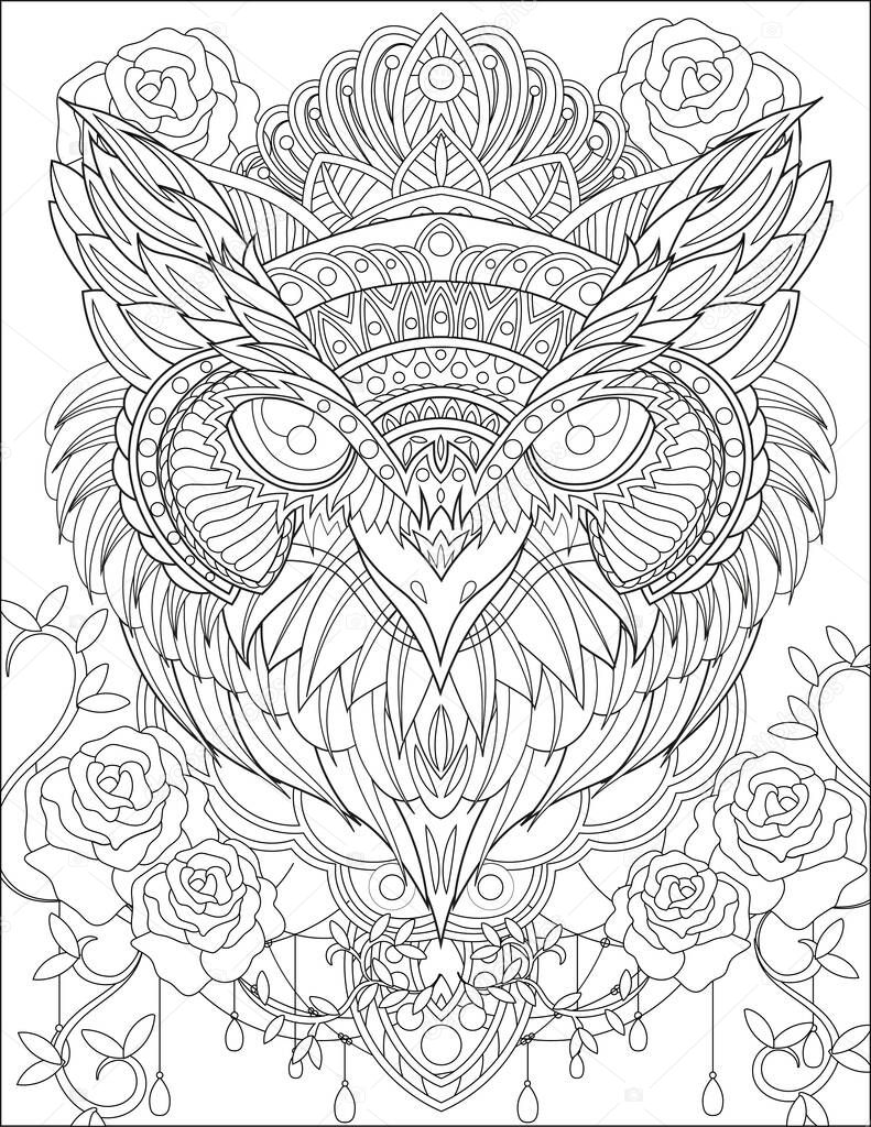 Close Up Owl Head With Crown Surrounding Rose Flowers Vines Colorless Line Drawing. Nightowl With Tiara Surrounded With Flower Facing Forward Coloring Book Page.