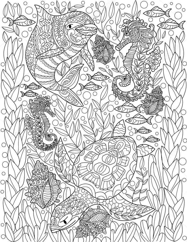 Aquatic Animals Dolphin Seahorse Turtle Fishes With Shells Colorless Line Drawing. Different Ocean Creatures Swimming Underwater Coloring Book Page.