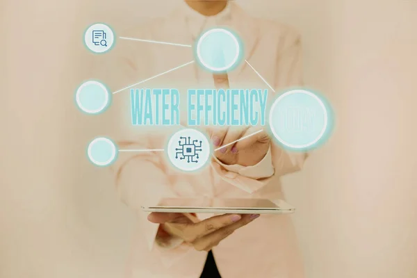 テキストを表示する書き込み水効率。必要な水の量を測定することによって水の無駄を削減する概念的な意味女性がバーチャルボタンを押してタブレットを保持未来的な技術を示す. — ストック写真