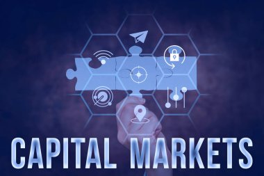 Sermaye Piyasaları 'nı gösteren yazı. İnternet Konsepti alıcıları ve satıcıları finansal menkul kıymetler ticaretine giriştiler. Elle tutulan yap boz parçaları yeni gelecekçi teknolojilerin kilidini açıyor..