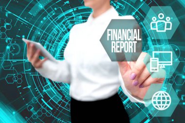 El yazısı, Mali Rapor. Üniformalı Kadın Sanal Basın Düğmesi Futuristik Teknolojisi 'nin mali faaliyetlerinin resmi kayıtları..