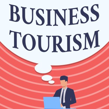 İş Turizmini gösteren bir tabela. Ticari amaçla bırakılan ürünleri sergilemek, iş adamı Takım Elbiseli İşadamı 'nın Laptop Çizerek Büyük Fikir Baloncuğu Kullanması için doğal bir yerdir..