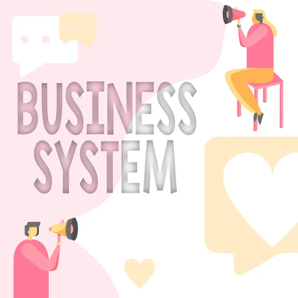 Texto mostrando inspiração Business System. Internet Concept mecanismo de entrega para fornecer bens específicos para os clientes Man Standing And Woman Sitting Both Holding Megaphone With Message Symbol. — Fotografia de Stock