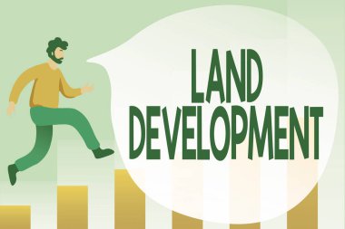 El yazısı tabelası Arazi Geliştirme. Yeni Bilgisayar Programının Hata Ayıklama Kodları, Çalıştırılması ve Test edilmesine yönelik altyapı inşaatı için arazi edinme sürecini kavramsallaştır