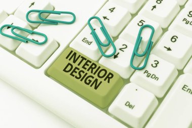 İç dizayn işaretini gösteren ilham. Bir binanın iç dekorasyonunu tasarlama sanatı anlamına gelen kavram Daktilocu Şirket Belgeleri, Soyut Hız Daktilo Fikirleri