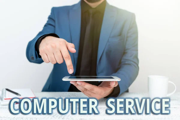 Escribir mostrando texto Servicio de Computación. Tiempo o servicio conceptual de computadora fotográfica que incluye servicios de procesamiento de datos Presentando tecnología de comunicación Llamadas de voz y video de teléfonos inteligentes —  Fotos de Stock