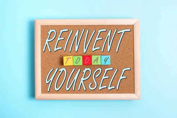 Text sign showing Reinvent Yourself. Business overview to do something differently from before Change behavior Stack of Sample Cube Rectangular Boxes On Surface Polished With Multi-Colour — Stock Photo, Image