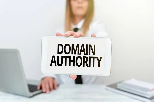Text sign showing Domain Authority. Conceptual photo calculated metric for how well a domain is likely to rank Intern Starting A New Job Post, Student Presenting Report Studies