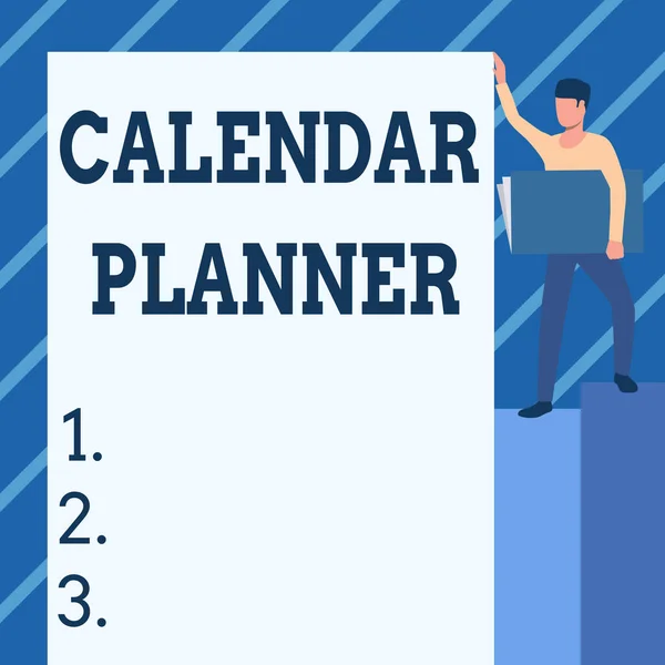 Χειρόγραφο κείμενο Ημερολόγιο Planner. Word for schedule of activities or task that must be completed Man Standing Carrying Large Notebook While Εμφάνιση Big Whiteboard. — Φωτογραφία Αρχείου