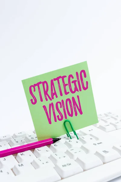 Text showing inspiration Strategic Vision. Internet Concept clarifies the direction the organisation needs to move Computer Laptop For Communication Typing New Ideas And Plan Development — Stock Photo, Image
