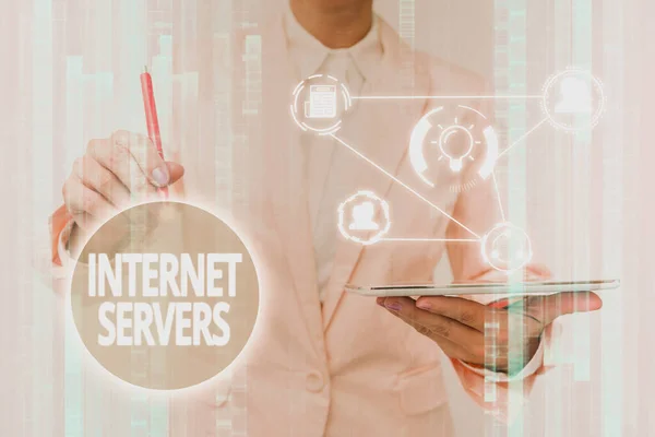 Text showing inspiration Internet Servers. Business idea delivers the content of the page back to the user Lady In Uniform Touching And Using Futuristic Holographic Technology. — Stock Photo, Image