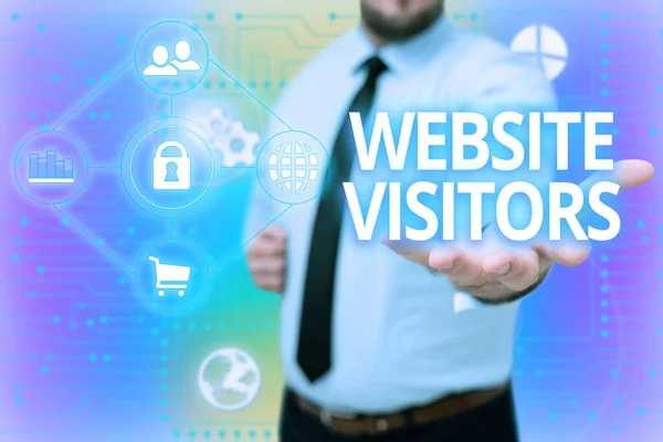 Text caption presenting Website Visitors. Word for someone who visits views or goes to your website or page Gentelman Uniform Standing Holding New Futuristic Technologies. — Stock Photo, Image