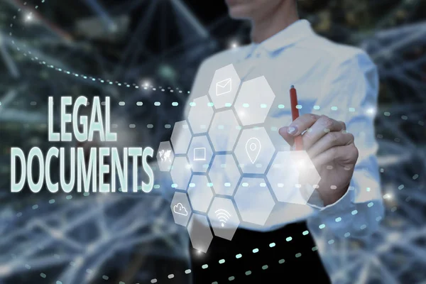 Conceptual display Legal Documents. Concept meaning a document concerning a legal matter Drawn up by a lawyer Lady In Uniform Holding Tablet In Hand Virtually Typing Futuristic Tech. — Stock Photo, Image