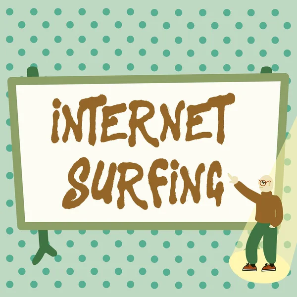 Textschild, das das Surfen im Internet zeigt. Word Geschrieben beim Surfen im Internet Navigieren im World Wide Web Buntes Design Anzeigen von Nachricht, Abstraktes Diskutieren Wichtiger Nachrichten — Stockfoto