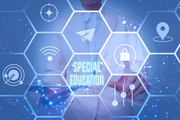 Conceptual display Special Education. Business concept form of learning given to students with mental challenges Lady In Uniform Holding Tablet In Hand Virtually Tapping Futuristic Tech. — Stock Photo, Image