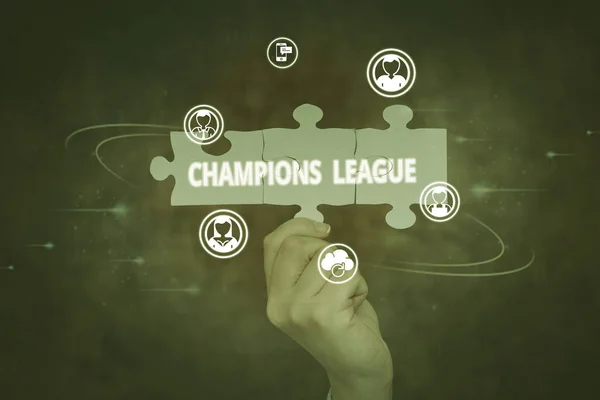 Handwriting text Champions League. Business concept Yearly football competition from each country in Europe Hand Holding Jigsaw Puzzle Piece Unlocking New Futuristic Technologies. — Stock Photo, Image