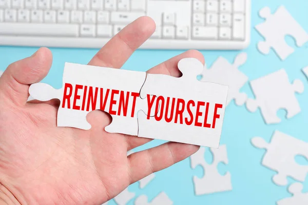 Inspiration showing sign Reinvent Yourself. Business idea to do something differently from before Change behavior Building An Unfinished White Jigsaw Pattern Puzzle With Missing Last Piece — Stock Photo, Image