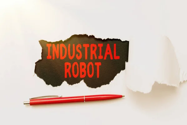 Inspiration montrant signe Robot industriel. Concept d'entreprise mécanisme robotique utilisé dans la fabrication de produits Déchirure sur feuille révèle fond avec stylo à bord — Photo