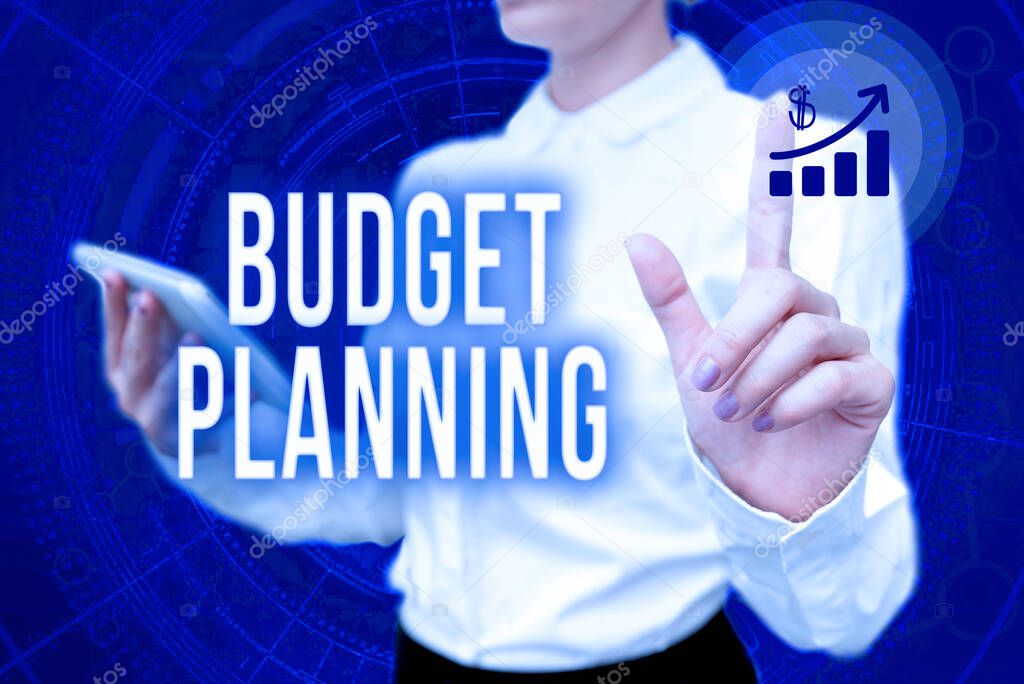 Hand writing sign Budget Planning. Business overview process of constructing a budget and then utilizing it Lady In Uniform Standing Hold Phone Virtual Press Button Futuristic Tech.