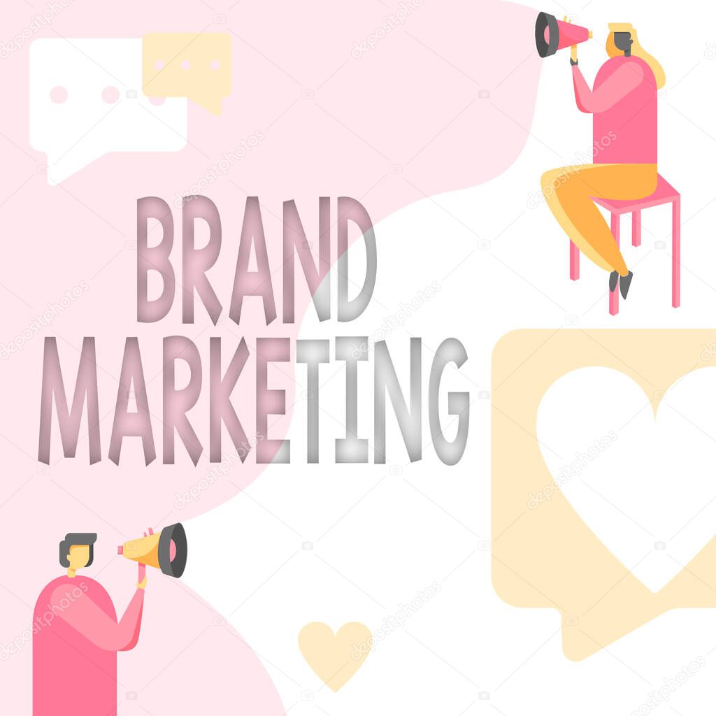 Hand writing sign Brand Marketing. Word for creating a name that identifies and differentiates a product Man Standing And Woman Sitting Both Holding Megaphone With Message Symbol.