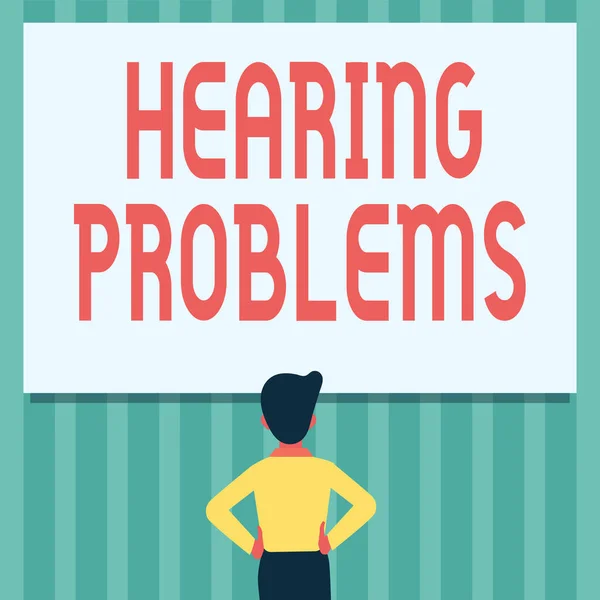Text sign showing Hearing Problems. Business approach partial or total inability to hear Hearing impairment Man Drawing Standing Hands N Hips Looking At An Empty Whiteboard. — Stock Photo, Image
