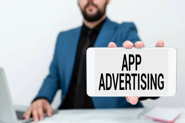 Handskrift text App Reklam. Affärsidé utvecklare får betalt för att tjäna annonser i mobilappen Tech Guru Sälja Nyutvecklad Enhet, Lärare Konfiskera Telefonen — Stockfoto