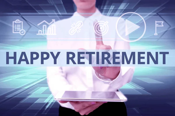 Didascalia concettuale Happy Retirement. Internet Concetto avere un assegno pensione mensile affidabile Vivere il lavoro Lady In Uniform Holding Telefono Pressa virtuale Pulsante Tecnologia futuristica. — Foto Stock