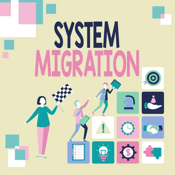 Bildunterschrift: Systemmigration. Konzept, das bedeutet, von der Nutzung einer Betriebsumgebung in eine andere zu wechseln, Fantasien in maschinengeschriebene Geschichten umzuwandeln, neue Konten zu registrieren — Stockfoto