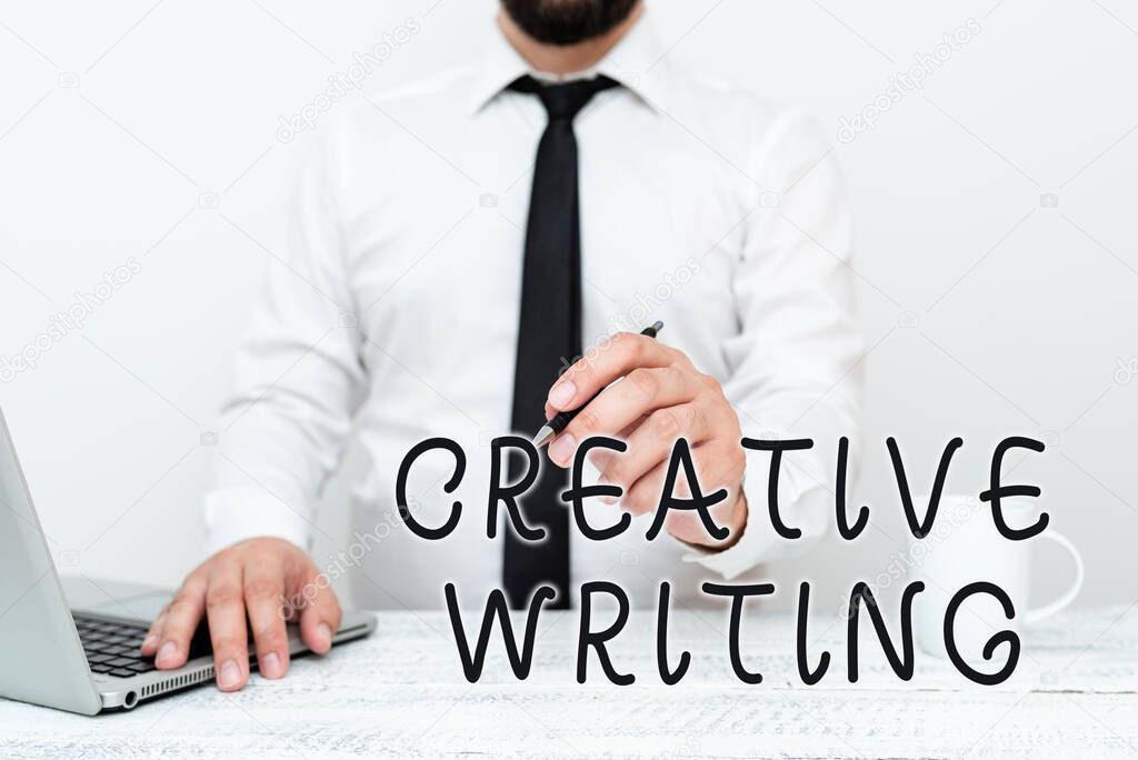 Inspiration showing sign Creative Writing. Concept meaning fiction or poetry which displays imagination or invention Remote Office Work Online Presenting Business Plan And Designs