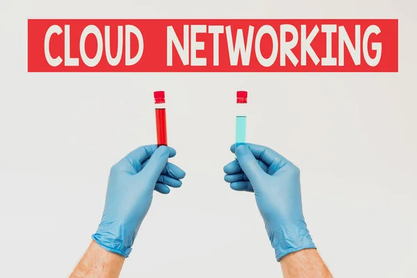 Text skylt som visar Cloud Networking. Business showcase sourcing and utilization of one or more network resources Forskare som presenterar ny medicin, forskar om förebyggande åtgärder — Stockfoto