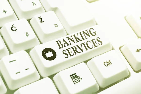 Conceptuele weergave Banking Services. Zakelijk idee tools voor het beheren van persoonlijke financiën en het bouwen van activa Internet Surfen en Online Research Study Typing Your Ideas — Stockfoto