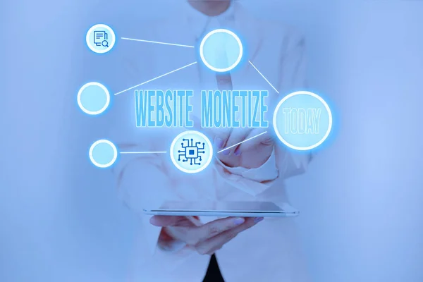 Text sign showing Website Monetize. Conceptual photo ability generate a revenue thorough your Web site or blog Lady Holding Tablet Pressing On Virtual Button Showing Futuristic Tech. — Stock Photo, Image