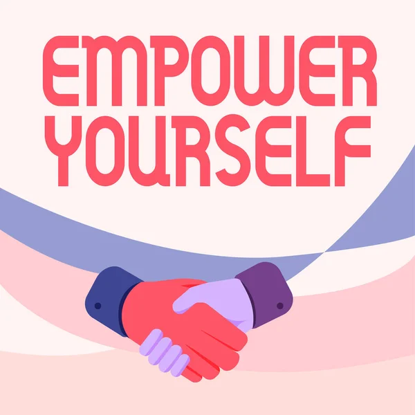 Segno di testo che mostra Empower Yourself. Approccio commerciale che ti dà il potere di prendere il controllo del tuo destino Mani Disegno in posizione stretta di mano Mostrando corretta Greet Manner. — Foto Stock