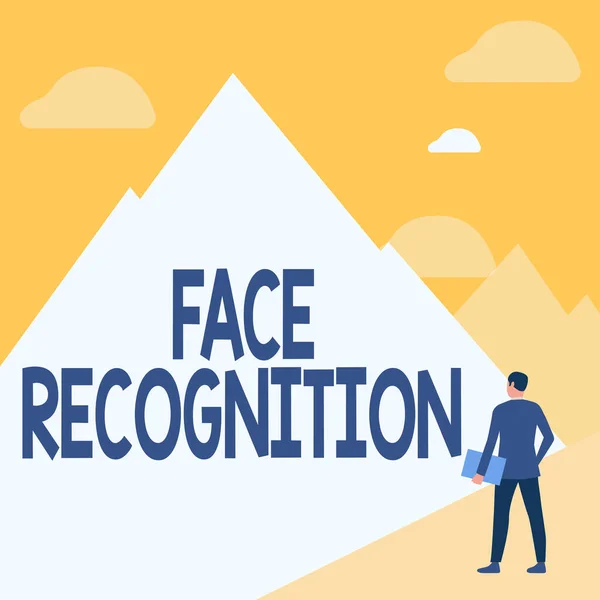 Conceptual caption Face Recognition. Business idea ability of a computer to scan and recognize human faces Gentleman In Suit Standing Holding Notebook Facing Tall Mountain Range. — Stock Photo, Image