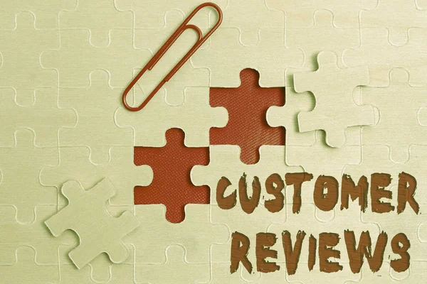 Text showing inspiration Customer Reviews. Conceptual photo review of a product or service made by a customer Building An Unfinished White Jigsaw Pattern Puzzle With Missing Last Piece — Stock Photo, Image