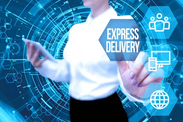 Schrijven met tekst Express Delivery. Zakelijke aanpak versnellen van de distributie van goederen en diensten Lady In Uniform Standing Hold Phone Virtual Press Button Futuristic Tech. — Stockfoto