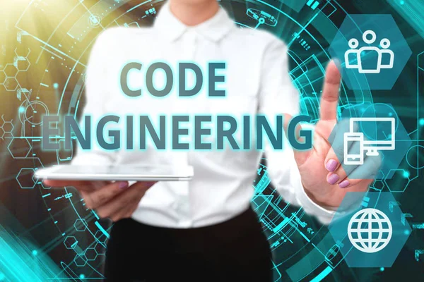 Sign displaying Code Engineering. Concept meaning application of engineering to the development of software Lady In Uniform Holding Phone Virtual Press Button Futuristic Technology. — Stock Photo, Image
