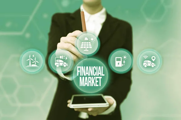 Writing displaying text Financial Market. Concept meaning market in which showing trade financial securities Lady In Uniform Holding Tablet In Hand Virtually Typing Futuristic Tech. — Stock Photo, Image