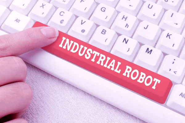 Texto que presenta Robot Industrial. Concepto de negocio mecanismo robótico utilizado en la fabricación de productos Conectarse con amigos en línea, hacer adquisiciones en Internet — Foto de Stock