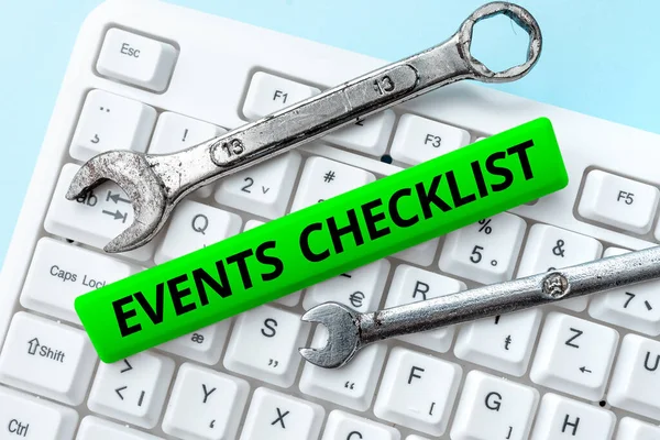 Tekstbord met Evenementen Checklist. Word Written on invaluable tool for successfully managing your events Compiling And Typing Online Research Materials, Sending Chat Messages — Stockfoto