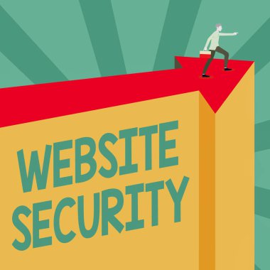 Kavramsal görüntü Web Sitesi Güvenliği. Yeni Aşama Hedeflerini Gösteren Ok Üzerinde Erkek Resimleri Taşıma Bavulunu Korumak ve Korumak İçin Kritik Bileşen Sözcük.
