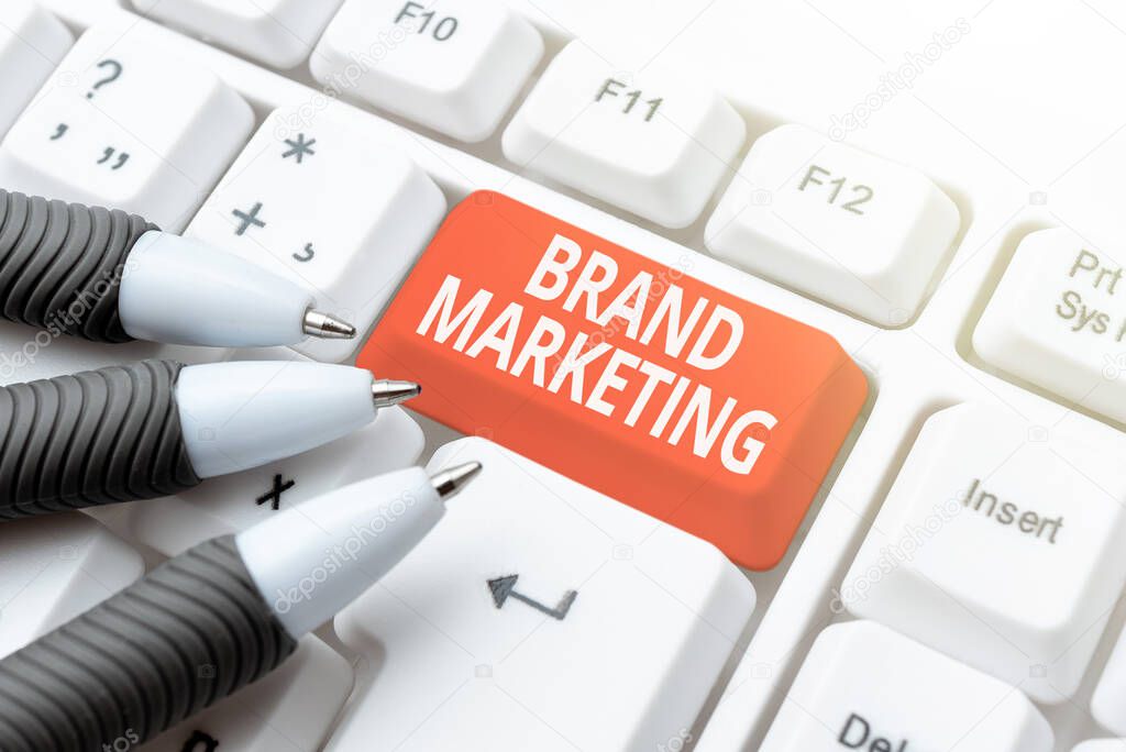 Text sign showing Brand Marketing. Word for creating a name that identifies and differentiates a product Transcribing Internet Meeting Audio Record, New Transcription Methods
