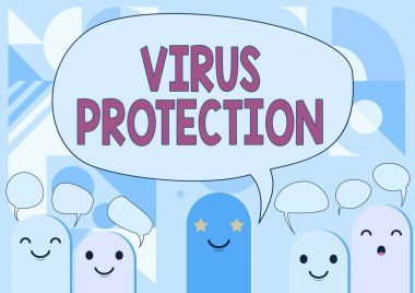 Virüs Koruma 'yı gösteren bir tabela. Bilgisayarları zararlı yazılım karikatür başlıklarından korumak için dizayn edilen iş dünyası gösteri programı Konuşma Baloncuğu Gösterme Konuşması Çizimi.