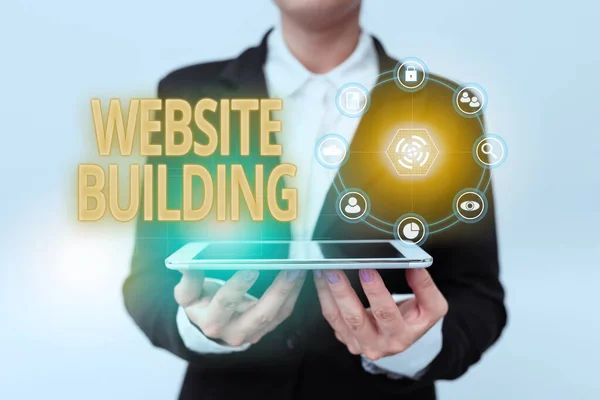 Text caption presenting Website Building. Internet Concept tools that typically allow the construction of websites Lady In Uniform Holding Phone And Showing Futuristic Virtual Display — Stock Photo, Image