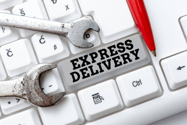 Hand writing sign Express Delivery. Internet Concept expediting the distributiuon of goods and services Abstract Programmer Typing Antivirus Codes, Retyping Debug Codes